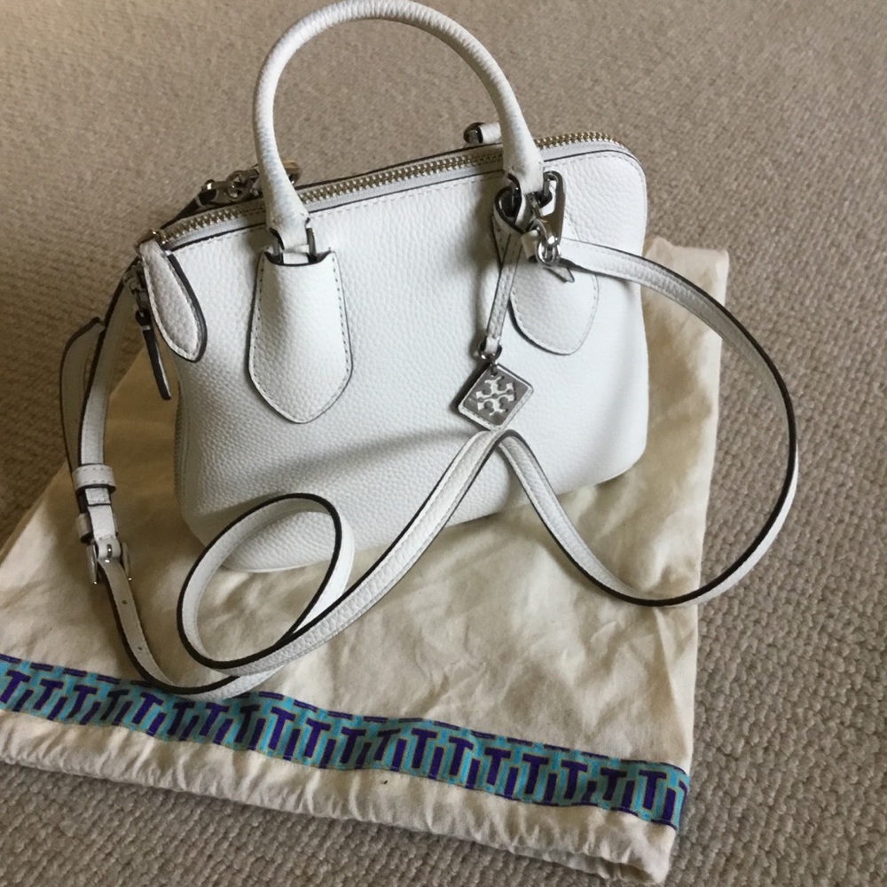 Tory Burch White Pebbled Leather Mini Satchel with Detachable Strap